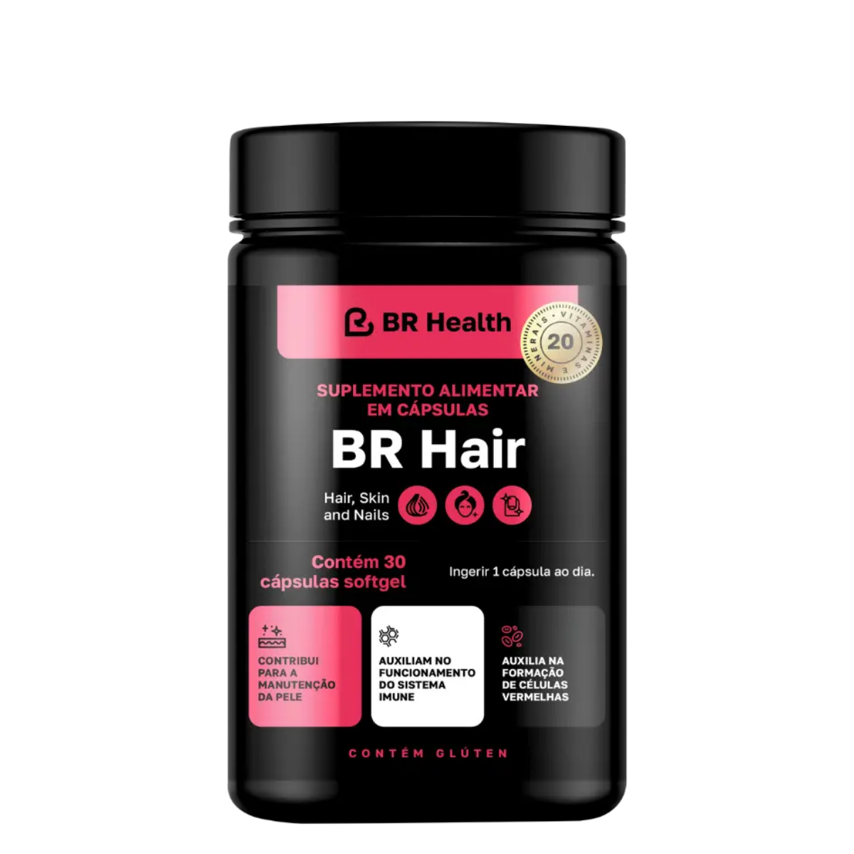 BR Health - BR Hair - Suplemento para Cabelos com Biotina, Zinco e Vitaminas - 30 cápsulas softgel