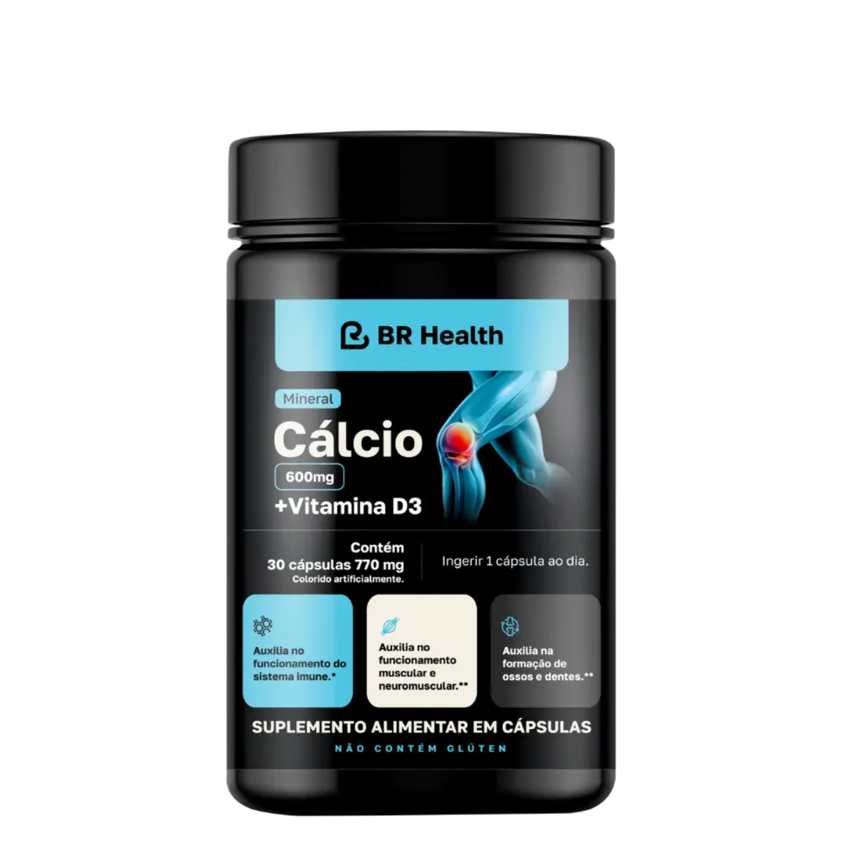 BR Health - Cálcio 600mg + Vitamina D3 - 30 Cápsulas - Ossos e Músculos