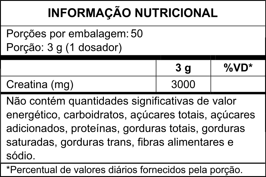 Tabela nutricional da Creatina BR Health 150 g: 50 porções de 3 g, com 3.000 mg de creatina por porção