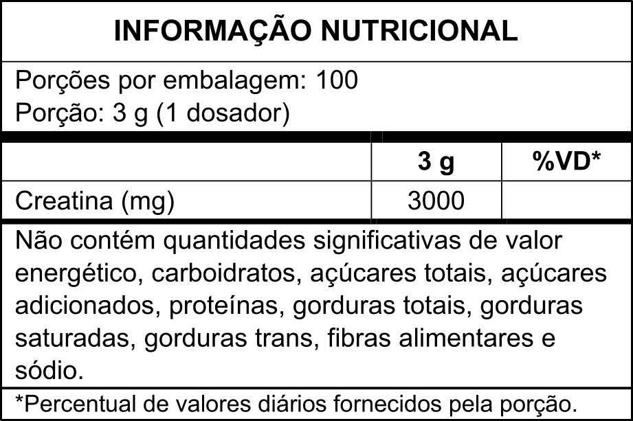 Tabela nutricional da Creatina BR Health 300 g: 100 porções de 3 g, com 3.000 mg de creatina por porção
